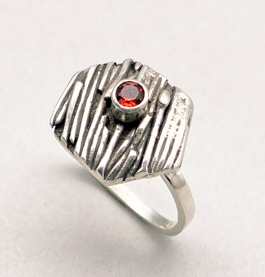 Garnet and Sterling Twig Texture Ring