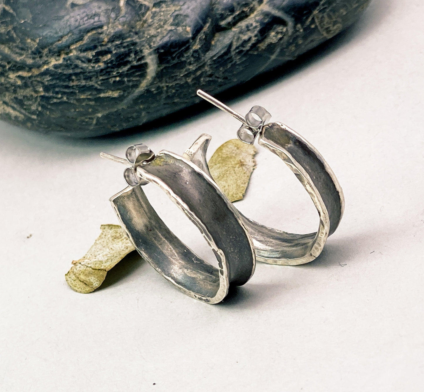 Channel Patina Hoops in Sterling Silver